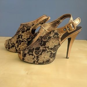Metallic black & gold slingback pumps